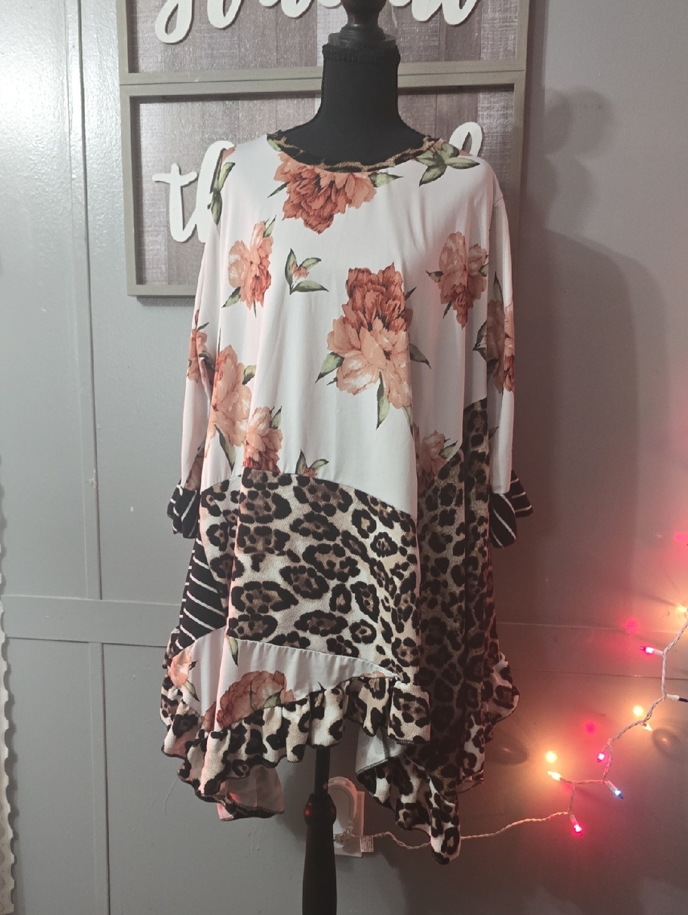 Floral & Leopard Print Ruffle Hem Tunic - Pink, Brown, Black